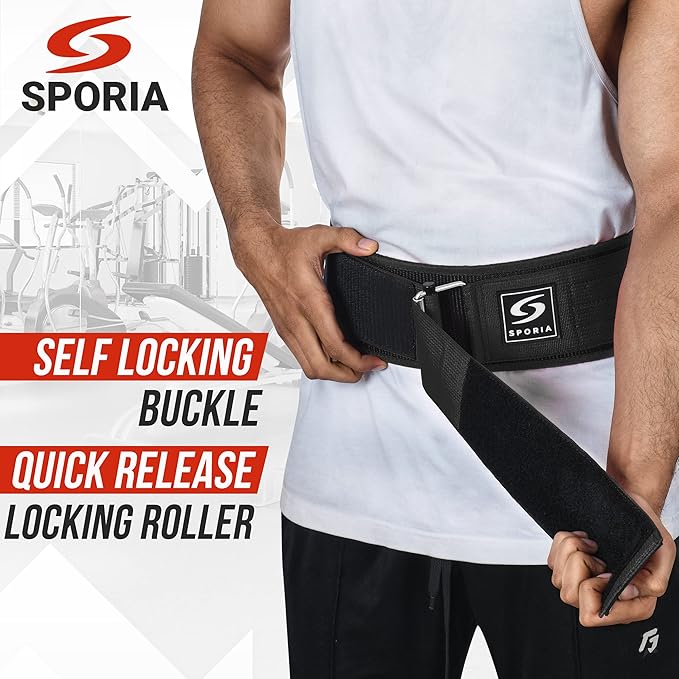 SPORIA Self-Locking Weight Lifting Belt | 4 inch Back Support | Includes Lifting Straps
