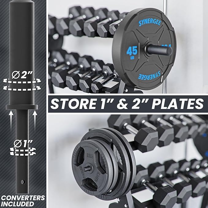 Synergee 3-Tier Dumbbell Storage Rack with 2 Barbell Holders and 4 Weight Plate Pegs, Featuring 2-Tier Dumbbell Storage and 3rd Tier for Kettlebell Storage – Accommodates 1" and 2" Plates – All-in-One