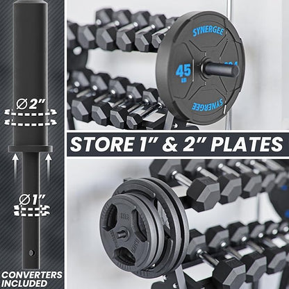 Synergee 3-Tier Dumbbell Storage Rack with 2 Barbell Holders and 4 Weight Plate Pegs, Featuring 2-Tier Dumbbell Storage and 3rd Tier for Kettlebell Storage – Accommodates 1" and 2" Plates – All-in-One