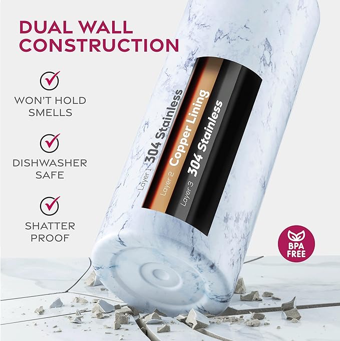 FineDine Triple Walled, Insulated Water Bottles with Straw - 25 Oz Stainless Steel Metal Bottle W/ 3 Leak Proof Lids - For Travel, School, Sports, Gym/Men, Women & Kids - Fresh White Marble