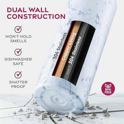 FineDine Triple Walled, Insulated Water Bottles with Straw - 25 Oz Stainless Steel Metal Bottle W/ 3 Leak Proof Lids - For Travel, School, Sports, Gym/Men, Women & Kids - Fresh White Marble