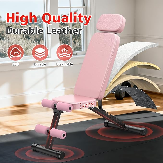 XDDIAS Workout Bench, 10 Backrests Adjustable Weight Bench with Extended Headrest, 800LBS Foldable Weight Bench for Home Gym, Incline Decline Flat Bench Compact for Small Space Training