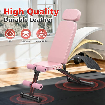 XDDIAS Workout Bench, 10 Backrests Adjustable Weight Bench with Extended Headrest, 800LBS Foldable Weight Bench for Home Gym, Incline Decline Flat Bench Compact for Small Space Training