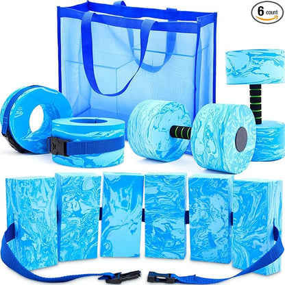 6 Pcs Aquatic Exercise Set Water Aerobics Set Large Mesh Beach Bag Pool Fitness Equipment Foam Water Dumbbell Ankle Swimming Weight Aquatic Swim Belt for Exercise Weight Loss