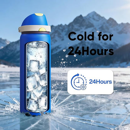 Insulated Water Bottle with Straw - Encool Stainless Steel Water Bottle with Push Button Lid, Leak-Proof & BPA-Free, Keeps Cold for 24 Hours for Sports, Travel, Gym (32 oz, Sapphire)