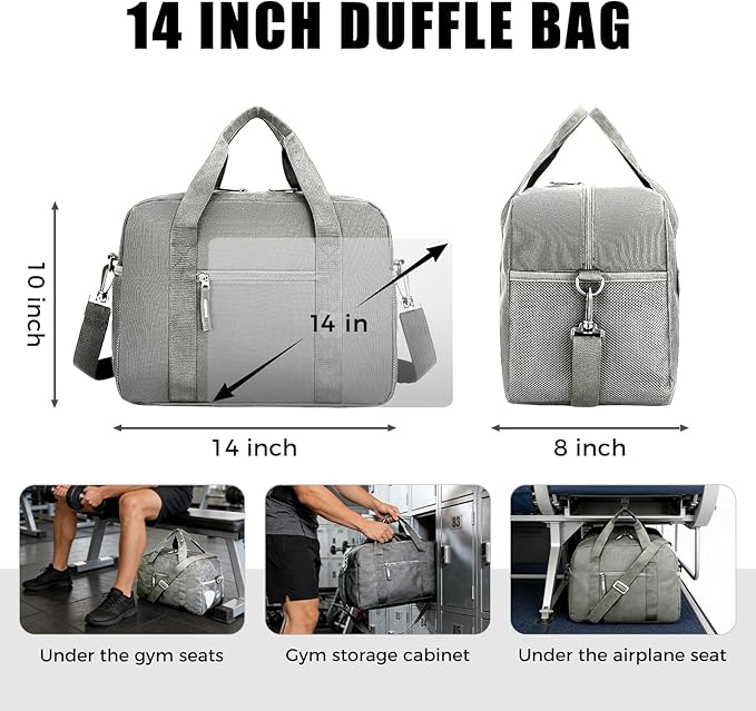 14 inch Small Gym Bag for Men & Women, Mini Duffle Bag for Travel Sports, Lightweight Carry On Duffel Bag, Grey