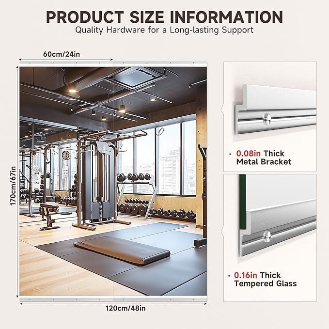 Home Gym Mirror, 67" x 24", 2PCS Large Full Body Mirror for Yoga, Shatterproof HD Frameless Tempered Glass, Wall-Mounted Wall Mirrors for Home Gym, Workout, Garage, Dance Studio