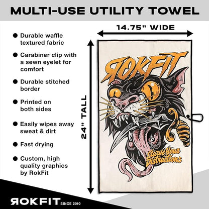 RokFit Gym & Golf Towel – Multi-Use, Quick-Dry, Durable Utility Towel with Bold Graphic and Carabiner Clip (Starve Your Distractions)