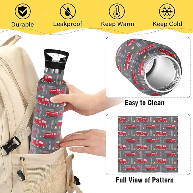 Sport Water Bottle 20 oz Red Fire Truck Kids Stainless Steel Vacuum Insulated Water Flask for Gym School