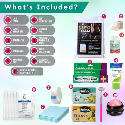 Lipo Surgery Recovery Kit with SurgiSupport Capsules (22 Piece Set) - Liposuction Recovery Supplies Post Surgery Care |ABD Pads, Lipo Foam, Scar Tape, Bromelain Arnica Teas & More