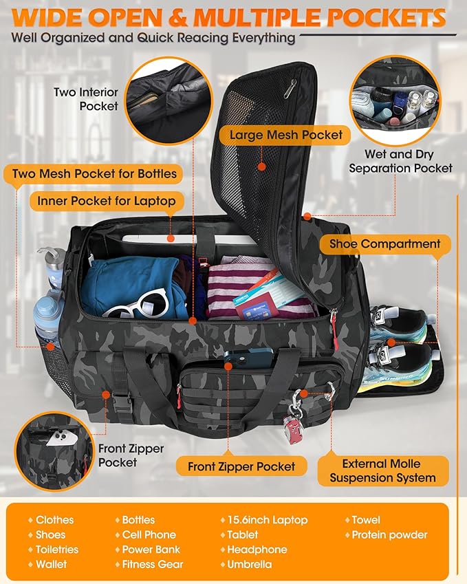 RAINSMORE Gym Bag for Men, 45L Sports Travel Duffel Bag with Shoe & Laptop Compartment, Gym Workout Backpack Carry On Weekender Bag Overnight Backpack for Travel, Black Camo