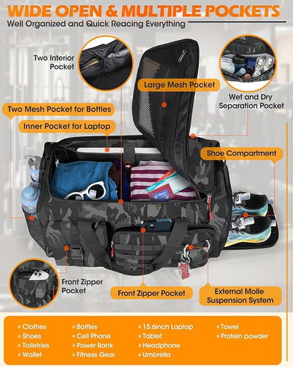 RAINSMORE Gym Bag for Men, 45L Sports Travel Duffel Bag with Shoe & Laptop Compartment, Gym Workout Backpack Carry On Weekender Bag Overnight Backpack for Travel, Black Camo