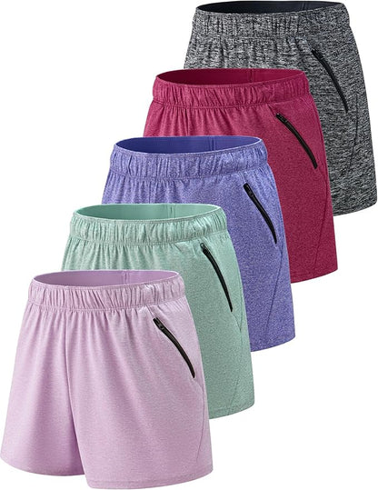 Liberty Imports 1 or 5 Pack Womens Lounge Workout Shorts with Zipper Pockets 5" Inseam Lightweight Athletic Casual Shorts