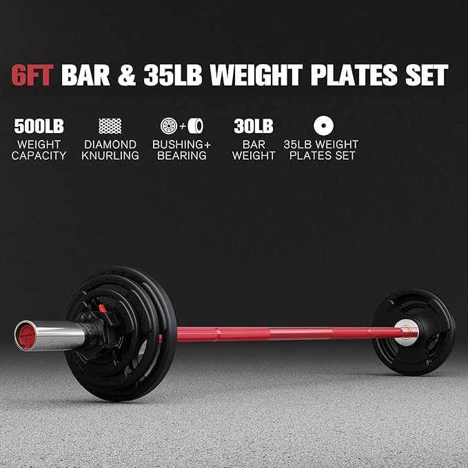 RitFit Barbell Weight Set - 4/6FT Olympic Barbell with Weight Plates (55-115LB Total) - Weightlifting Equipment for Squats, Curls, Deadlifts, Presses, Hip Thrusts