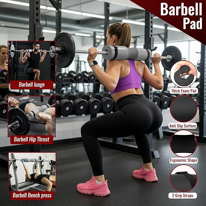 10 in 1 Barbell Pad Set for Squats & Hip Thrust – Barbell Pad with Resistance Bands, Lifting Straps, Ankle Straps & Barbell Clamps – Weightlifting Accessories Kit for Home Gym