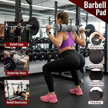 10 in 1 Barbell Pad Set for Squats & Hip Thrust – Barbell Pad with Resistance Bands, Lifting Straps, Ankle Straps & Barbell Clamps – Weightlifting Accessories Kit for Home Gym