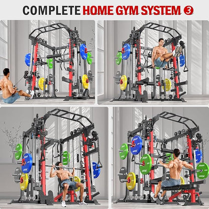 Smith Machine with Cable Crossover System, Multi-Function Squat Rack Power Cage for Home Gym, Power Rack and Packages Weight Sets