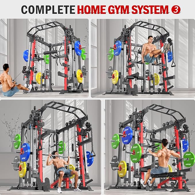 Smith Machine with Cable Crossover System, Multi-Function Squat Rack Power Cage for Home Gym, Power Rack and Packages Weight Sets