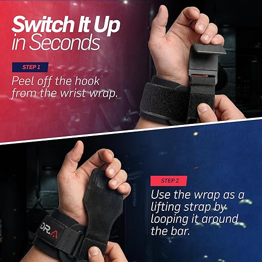 Doctor Developed Hookstrap 2-in-1 Lifting Straps + Gym Grips, Switch Hook to Strap in Seconds, Heavy-Duty Weight Lifting Wrist Wraps for Pull-Ups, Shrugs, Deadlifts & Heavy Lifts, Black (Pair)