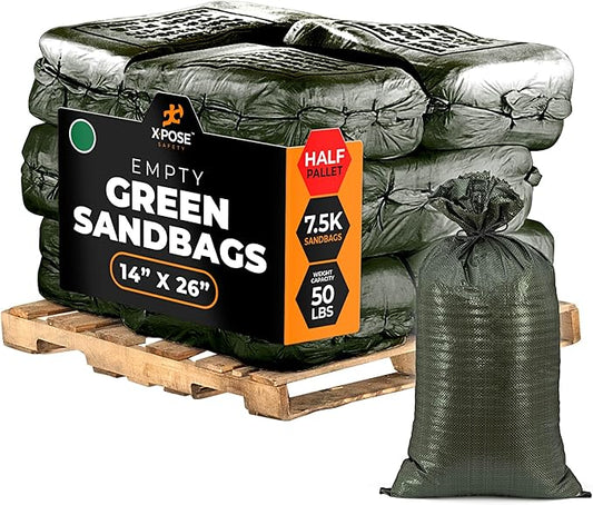 Xpose Safety Heavy Duty Sand Bags with Tie Strings – Empty Woven Polypropylene Sandbags for Hurricane Flood Protection, 50 lb Capacity, 14" x 26", Green, Bulk Half Pallet Pack of 7500