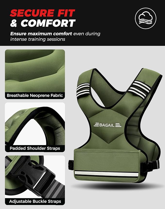 BAGAIL Adjustable Weighted Vest 4-10lb/12-18lb/20-32lb, Comfortable X-Shape & U-Neck Weight Vest for Women and Men Walking with 6 Removable Weights, Large Pocket and Reflective Strips
