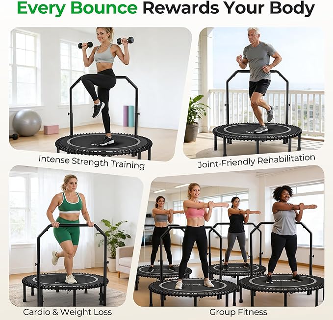 BCAN BT2 450/550LBS Mini Rebounder Trampoline for Adults with Bar, Fitness Trampoline with Bungees, Adjustable Handle, Stable & Quiet, Indoor Outdoor, Whole-Body Workout & Relaxation at Home-40IN/48IN
