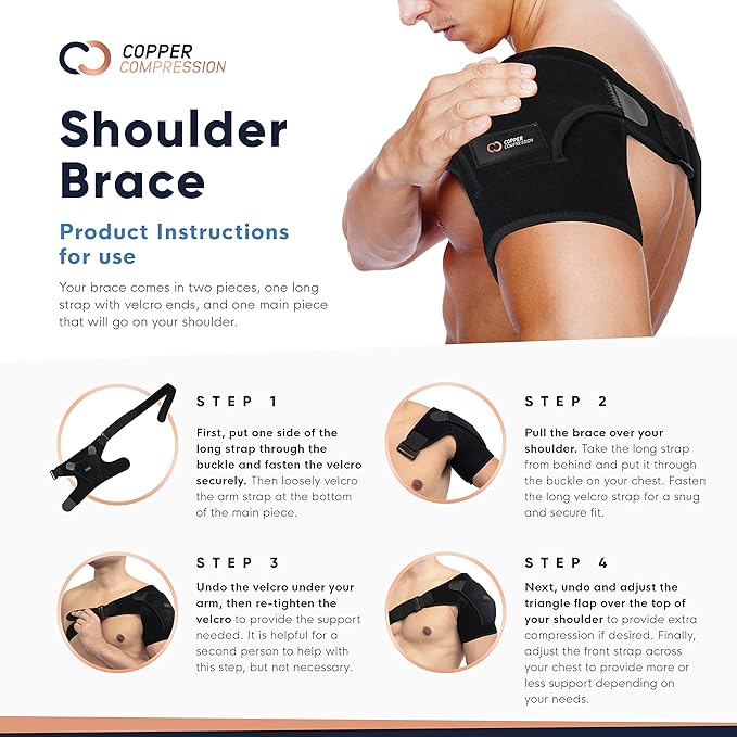 Copper Compression Recovery Shoulder Brace - Immobilizer for Torn Rotator Cuff, AC Joint Pain Relief, Dislocation, Arm Stability, Injuries, Tears - Adjustable Fits Men, Women - Black Plus Size - L/XL