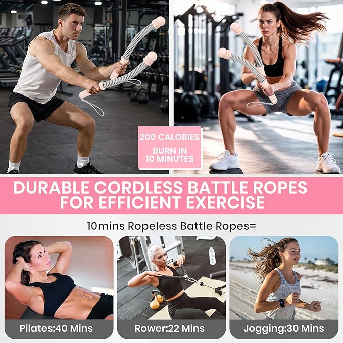Ropeless Battle Ropes, Adjustable Weighted Cordless Trainer for Home Gym HIIT Low Impact Workouts, 17.1 in Portable with Sliding Resistance Rings and Storage Bag (Pink)