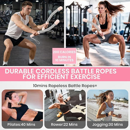Ropeless Battle Ropes, Adjustable Weighted Cordless Trainer for Home Gym HIIT Low Impact Workouts, 17.1 in Portable with Sliding Resistance Rings and Storage Bag (Pink)