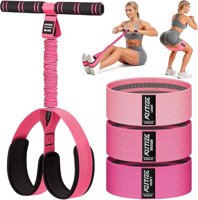 Pedal Resistance Band with Handle and Booty Bands Set for Women, 2 in 1 Fabric Exercise Bands for Core, Leg and Glutes, Full Body Home Gym Exercise Equipment for Yoga, Pilates, Physical Therapy