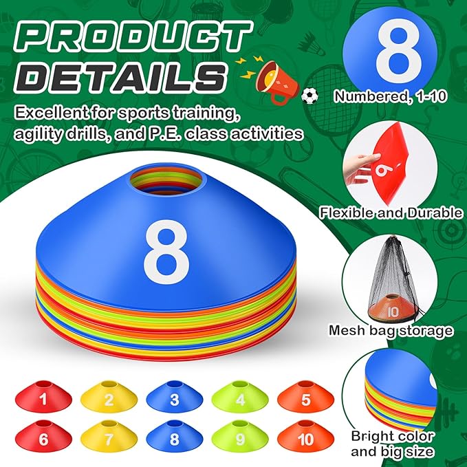 10 Pcs Numbered Sports Disc Cones 1-10 Soccer Cones with Mesh Carry Bag Flexible Agility Cones Soft Field Cones for Gym PE Classes School Activities Games, Sports Training Equipment