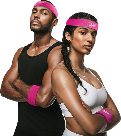 3pc Unisex Athletic Sweatband Set - 2.25in Workout Headband & 3.25in Wristbands w/Stay Dry Technology, Terry Cloth Band Moisture-Wicking Fabric | Quality Fitness Accessories for Active Comfort-Reebok