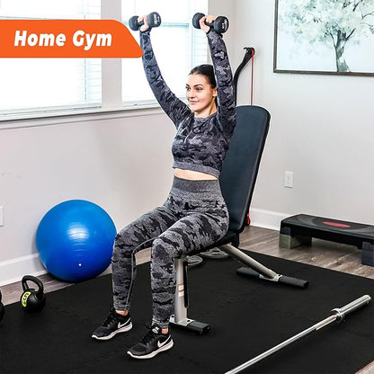 SUPERJARE 0.4'' Thick 12 Pcs 48 Sq Ft Rubber Top Exercise Equipment Mats, High Density EVA Foam Mats with Rubber Top, Interlocking Gym Flooring for Home Gym, Protective Workout Mat, Black