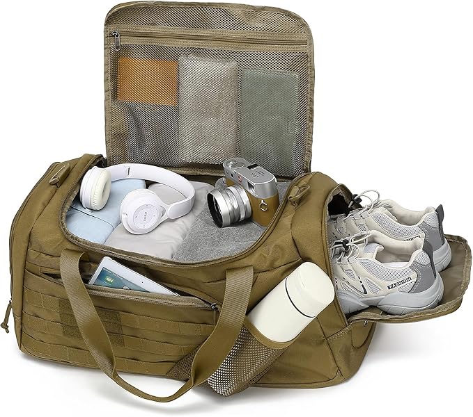 3-in-1 Tactical Gym & Travel Duffle Bag Backpack Men Multi-Functional 45L Military Sports Duffle Bag with Shoe Compartment & Wet Pocket for Workout Weekender Overnight Bag with Molle Webbing, Brown