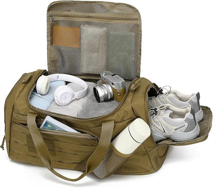 3-in-1 Tactical Gym & Travel Duffle Bag Backpack Men Multi-Functional 45L Military Sports Duffle Bag with Shoe Compartment & Wet Pocket for Workout Weekender Overnight Bag with Molle Webbing, Brown