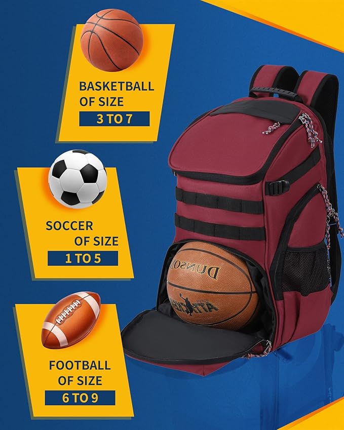 TRAILKICKER Basketball Bag Backpack with Ball Holder Multi-Sport Backpack for Soccer Volleyball Football Baseball Helmet