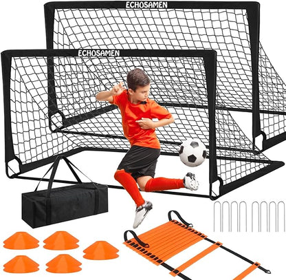 Kids Soccer Goals for Backyard, 2 of 6 x 4 ft Kids Soccer Goal Set Soccer Net with 10 Soccer Cones, Agility Ladder & Carry Bag, Portable Soccer Training Equipment.