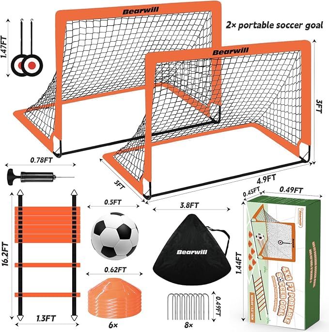 Bearwill Soccer Goal, Kids Soccer Goals for Backyard Set of 2, 4x3ft Portable Soccer Goal Pop Up Soccer Net, Kids Soccer Net Training Equipment with Soccer Ball, Ladder, Cones, Targets