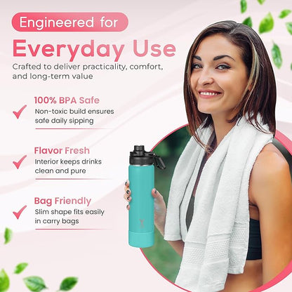 Y TOP 24oz Insulated Water Bottle Leak Proof Spout Lid Fits in Car Cup Holder – Double Wall Dishwasher Safe Easy Clean stainless steel drinking water bottle for Gym Kids Sports Travel Hiking School