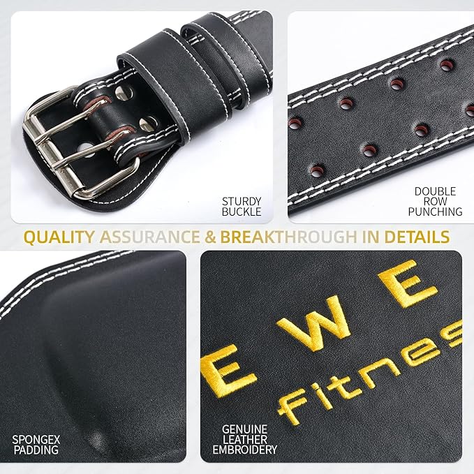 Genuine Leather Weight Lifting Belt, 4”& 6” Padded Lumbar Back Support, 10 Adjustable Holes, Gym Weight Belt Ideal for Deadlift, Powerlifting, Bodybuilding and Squat