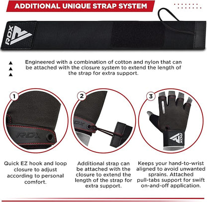 RDX Weight Lifting Gloves, Additional Stretchable Long Wrist Support, Full Palm Grip, Men Women Fitness HIIT Workout, Bodybuilding Powerlifting Strength Training Cycling Exercise Home Gym Equipment