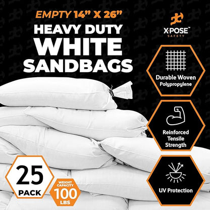 Xpose Safety Heavy Duty Sand Bags with Tie Strings – Empty Woven Polypropylene Sandbags for Hurricane Flood Protection, 100 lb Capacity, 14" x 26", White, Pack of 25