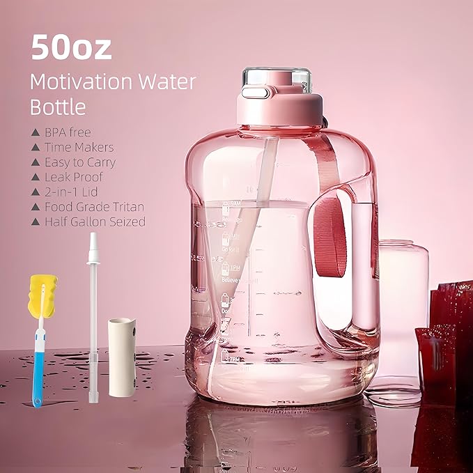 50oz & 84oz Motivational Water Bottle - Time-Marked, Leak Proof & BPA free. 2-in-1 Lid with Straw, Food-Grade Tritan. Half Gallon Sized, Ideal for Gym, Fitness & Outdoor Activities (50oz, Pink)