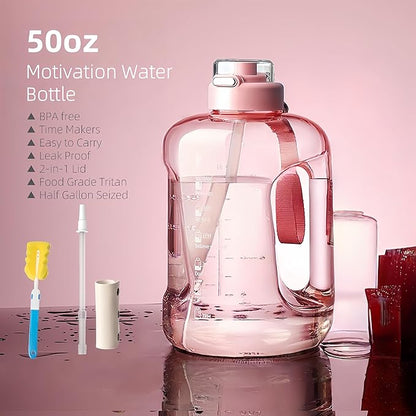 50oz & 84oz Motivational Water Bottle - Time-Marked, Leak Proof & BPA free. 2-in-1 Lid with Straw, Food-Grade Tritan. Half Gallon Sized, Ideal for Gym, Fitness & Outdoor Activities (50oz, Pink)