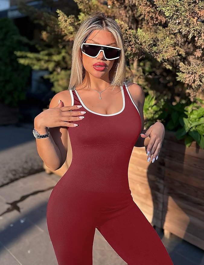 OLCHEE Womens Workout Jumpsuits Seamless Yoga Gym Bodycon Rompers Sexy Racerback Tummy Control Padded Bra Unitard