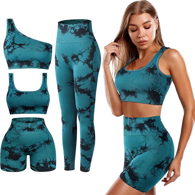 4 Pcs Women's Workout Sets Pilates Exercise Outfit Ribbed Scoop Neck Sports Bra Shorts Leggings Gym Clothes Set