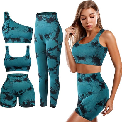 4 Pcs Women's Workout Sets Pilates Exercise Outfit Ribbed Scoop Neck Sports Bra Shorts Leggings Gym Clothes Set