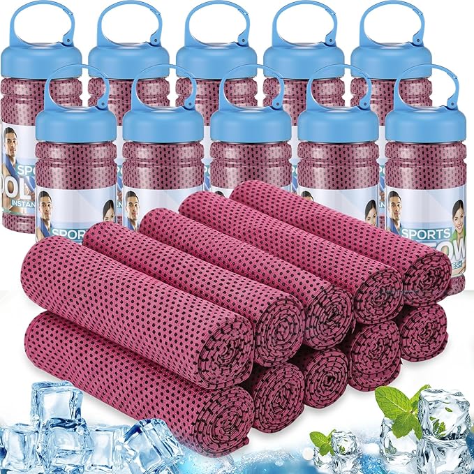 Honoson 10 Pack Cooling Towels Bulk - 47"x12" Soft Breathable Ice Towels for Neck & Face, Portable Chilly Rags Microfiber Sweat Rags for Yoga, Sports, Gym, Workout & Fitness(Rose Red)