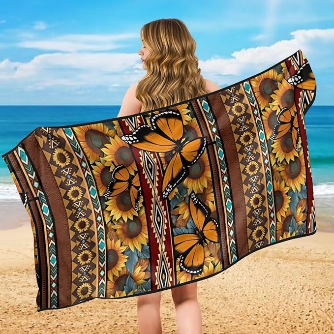 Bulopur Sweat Towel Car Seat Cover Aztec Sunflower Butterfly Post-Work Running Athletic Beach Towel Machine Washable Lightweight Breathable Floral Car Interior Accessories