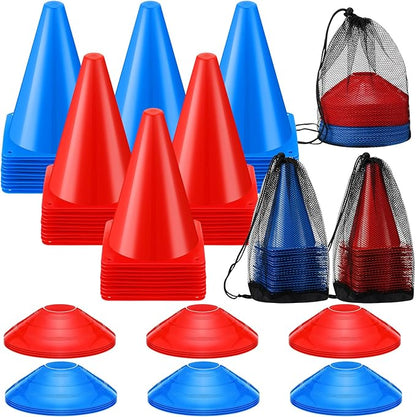 Vinsot 108 Pack Plastic Traffic Cones Set 48 Pack Agility Field Marker Soccer Cones 60 Pack Disc Training Cones with 3 Portable Bags for Skating Basketball Football Practice Drills(Red and Blue)